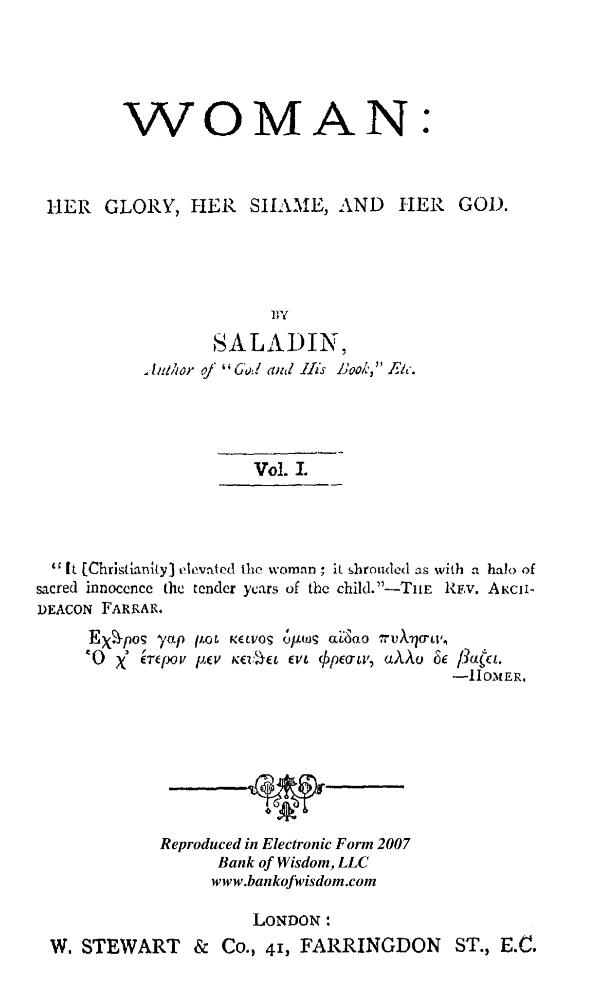 (image for) Women: Her Glory, Her Shame and Her God, Vol. 1 of 2 Vols.